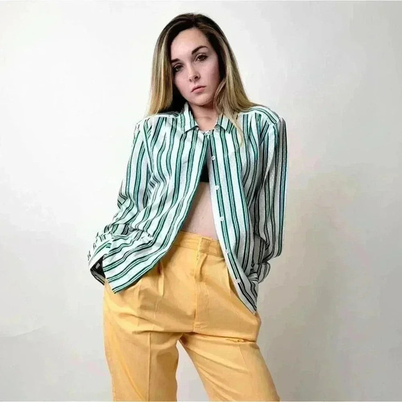 Vintage 70's Pykettes Striped Silky Button Down Top - M - Picture 3 of 11